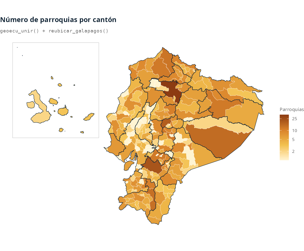 Mapa de Ecuador con el número de parroquias por cantón y Galápagos en un recuadro en la esquina superior izquierda