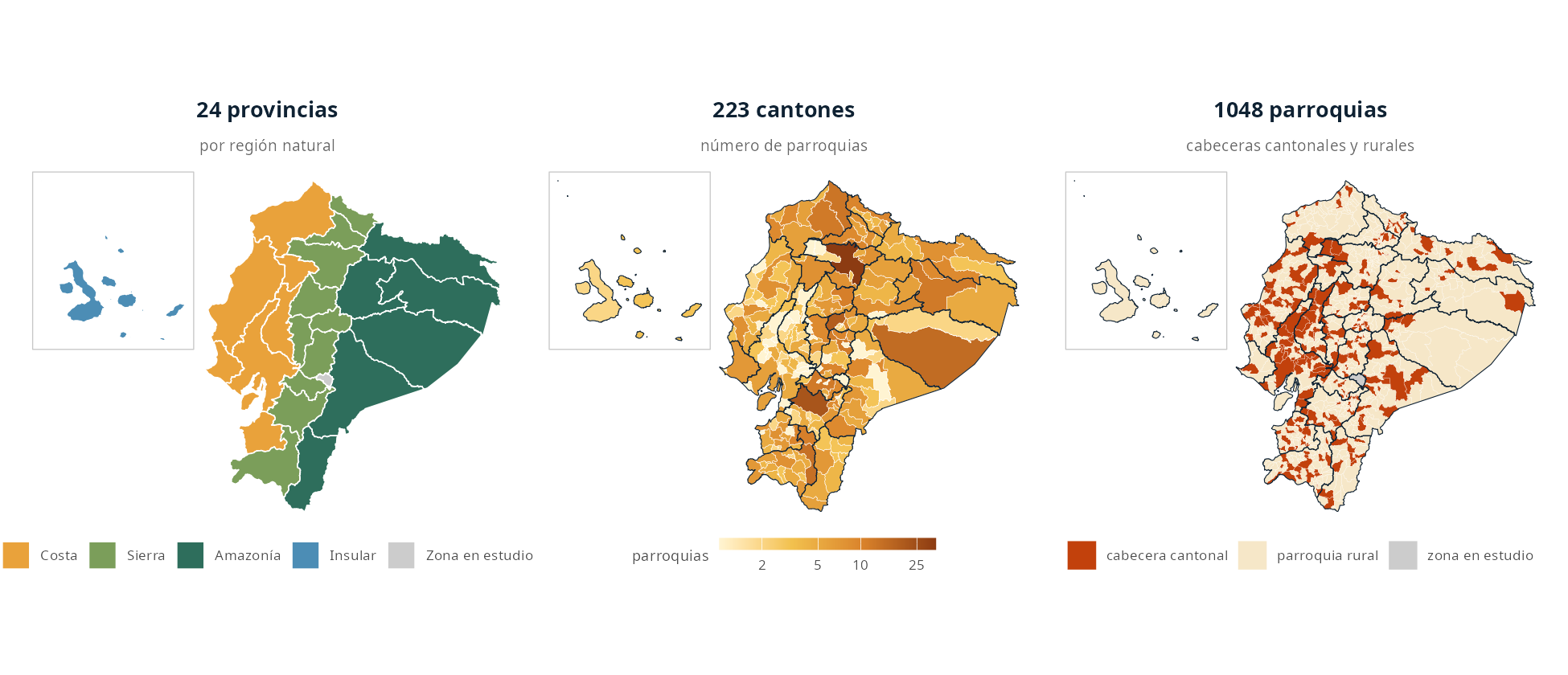 Ecuador por provincias según región natural, por cantones según número de parroquias y por parroquias según tipo: cabecera cantonal o rural